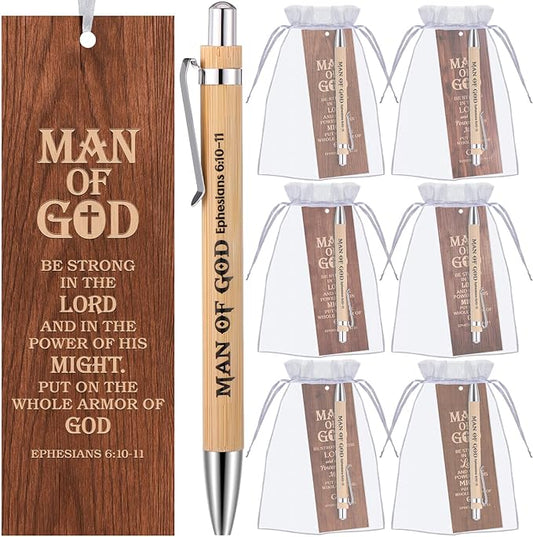 Dispowreath 24 Pcs/12 Sets Man of God Gift, Include 12 Man of God Ephesians 6: 10-11 Bookmark 12 Bible Verse Bamboo Ballpoint Pen for Men Church Prizes Party Favors