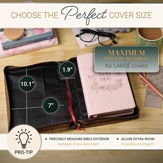 Christian Art Gifts Premium Vegan Leather Inspirational Bible Cover for Women: Trust Encouraging Bible Verse, Easy Carry Zippered Case, Pen Loops, Pockets, Debossed Florals, Pink & Light Brown, Large