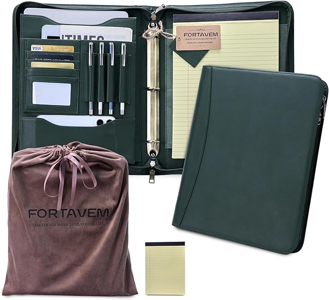 Genuine Leather Zippered Padfolio with 3 Ring Binder, A4/Letter Portfolio Organizer for Work, Fits 13.9" Laptop, Business Folder with Notepad Holder, Meetings & Interviews (Green)