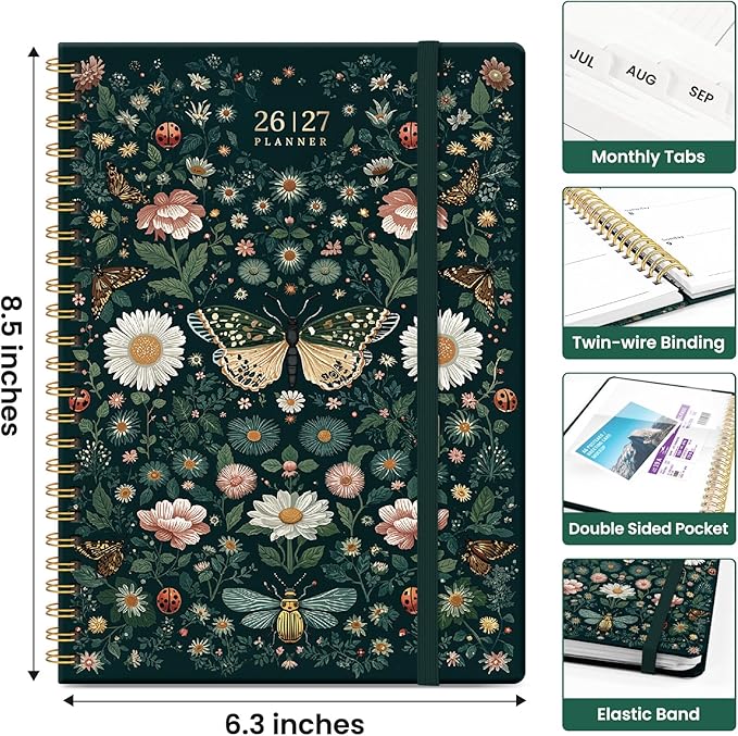 Planner 2026-2027, Academic Year Weekly and Monthly Calender Planner, from Jul 2026 - Jun 2027, Spiral Bound School Planning Book, Perfect for Teacher, Student, Women & Men, A5 (6.3" x 8.5"), Insects in Blooms