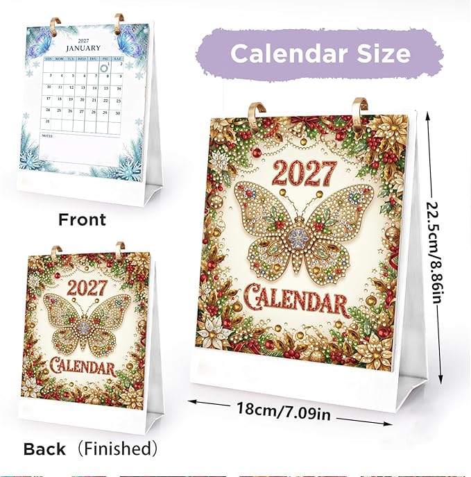 2027 Standing Desk Calendar DIY Diamond Art Painting Monthly Flip Dates Butterfly Double-Sided Pattern Tabletop Calendars DIY Craft Supplies Planner Office Home-Butterfly