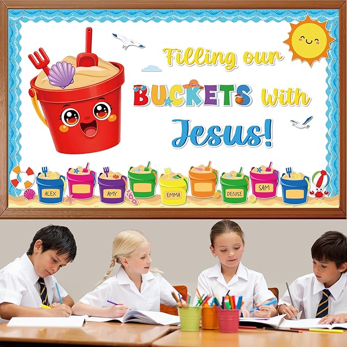 Summer Jesus Bulletin Board Decorations Set Summer Bucket Classroom Decor Filling Our Buckets with Jesus Sun Beach Christian Cutouts for School Classroom Home wall Chalkboard Supplies