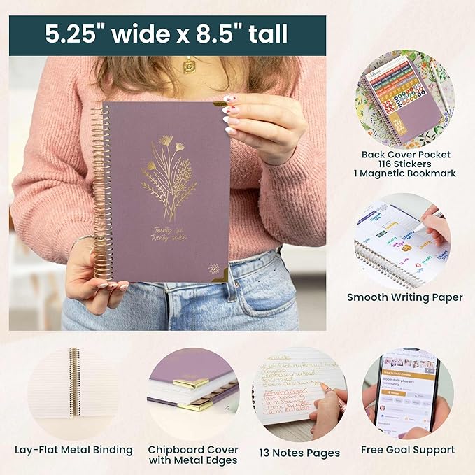 bloom daily planners HARDCOVER Planner 2026-2027 (5.5” x 8.25) Academic Year (July 2026 - July 2027) 13 Months - A5 Task Goal Planner for Women - Monthly & Weekly Agenda Book - Purple Linen