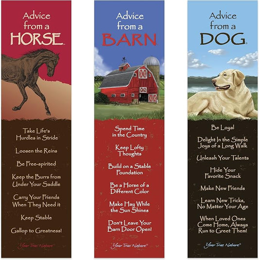 Advice 3 Bookmark Farming Set, Laminated with Glossy Finish, Printed on Recycled Paper, Barn, Horse, Dog (AMBM-Farm)