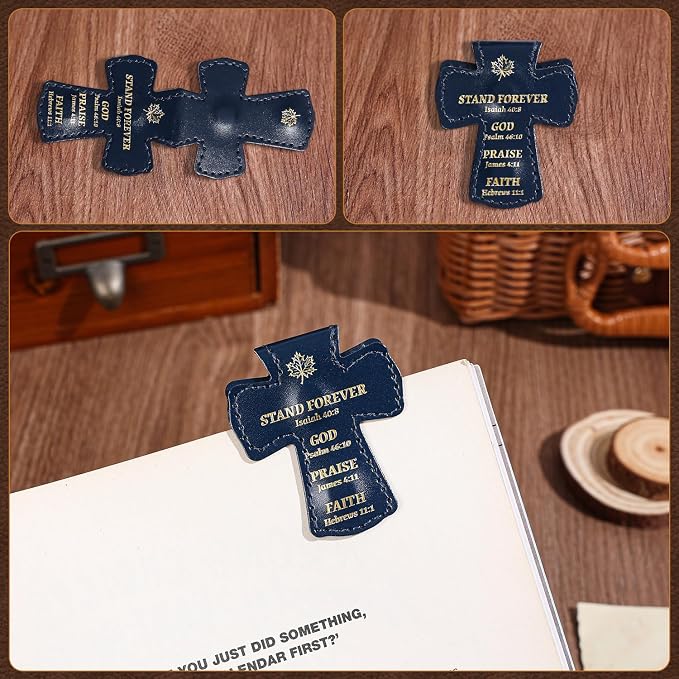 4 PCS Cross Shaped PU Leather Magnetic Bookmarks, Christian Bible Verse Clips with Gold Foil Stamping & Faith Quotes, Leather Book Markers, Religious Gift for Readers, Students & Church Members
