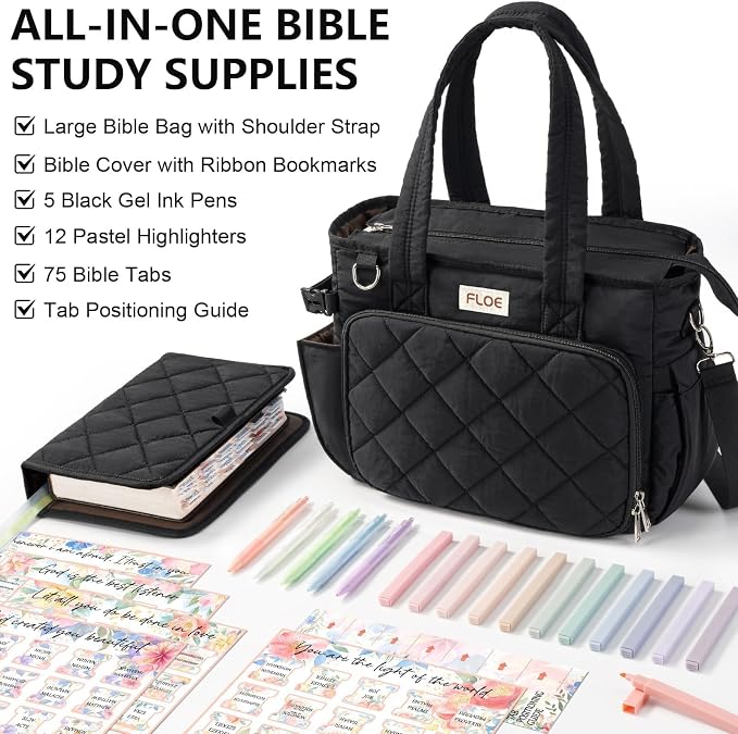 Large Bible Bag w/Bible Cover Case for Women, Puffer Bible Tote Bag Quilted Church Bag Carrying Case w/Shoulder Strap, Bible Study Supplies Journaling Kit Accessories Women Christian Mothers Day Gifts