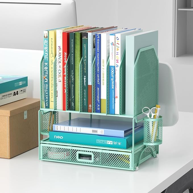 FANXIYQ Metal Desk Organizer with Sliding Drawer, 7-Section File Organizer for Desk, Desktop File Folder & Paper Organizer with 2 Hanging Pen Holders, Office Supplies Organizer, Green