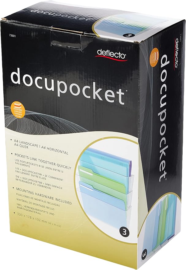 Deflecto Office DocuPocket, Wall File Organizer, Stackable, Letter Size, Clear, 13" W x 7" H x 4" D, 3 Count