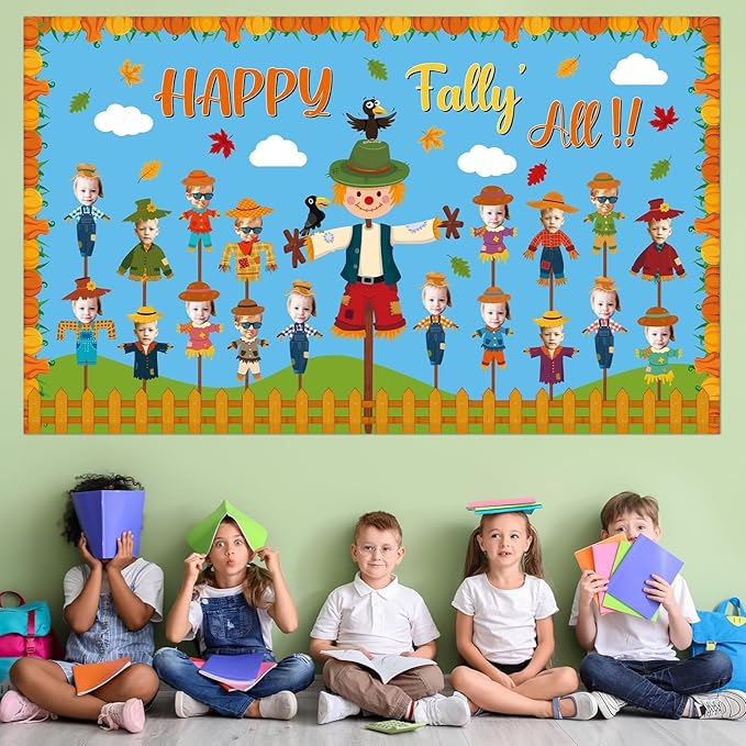 Fall Scarecrow Classroom Bulletin Board Decorations Autumn Pumpkin Maple Leaves Paper Cutouts Fall Scarecrow Classroom Bulletin Board Set DIY Photo Decor for Home School Office Pizza Party Supply