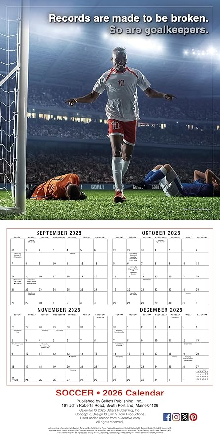 Soccer 2026 Wall Calendar, 12-Months Sports Calendar, 12" x 12", Monthly 2026 Wall Planner with Large Grids for Office or Home, for Soccer Enthusiasts