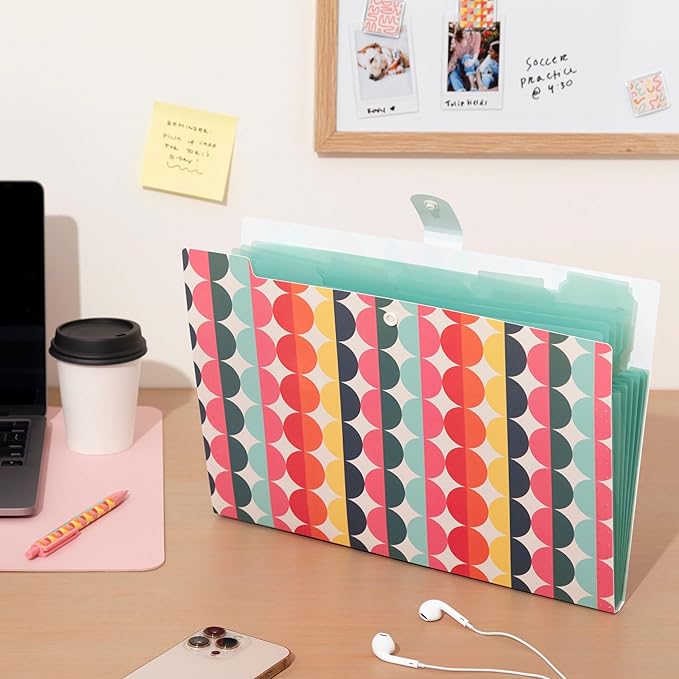 U Brands Poly 6 Pocket Expandable Folder with Tabs, Colorful Cubist, 1 Count, 1/5-cut tabs and 14 Blank Adhesive Labels