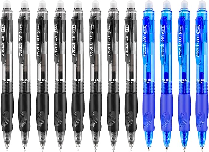 RIANCY 12 Pack Clicker Erasable Gel Pens, Fine Point (0.5mm), 8 Black 4 Blue Ink with Eraser, Make Mistakes Disappear, Soft Grip for Students, Writing, Note Taking, School & Office Supplies