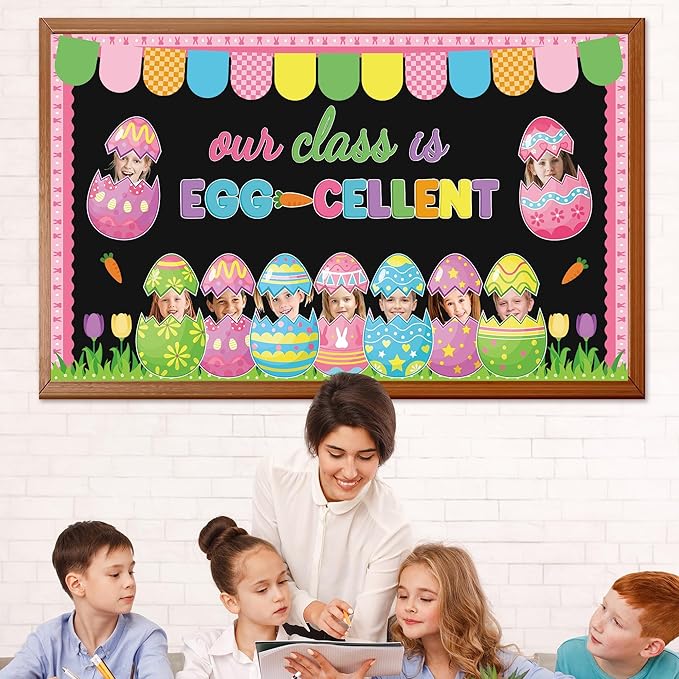 Easter Bunny Egg Bulletin Board Set Easter Egg DIY Photo Craft Cutouts Easter Classroom Bulletin Board Decorations Bunny Rabbit Grass Cutouts for Teacher School Office Home Chalkboard Wall Door Decor