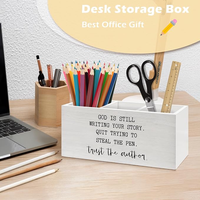 Inspirational Christian Pen Holder Organizer Desk Decor, Christian Gifts for Women, God Is Still Writing Your Story Bible Wooden Pen Pencil Holders for Home Office Desk Accessories
