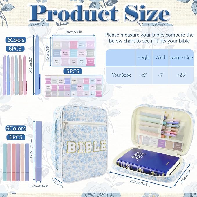 Bible Cover Case for Women, Large Chenille Letter Bible Bag with Handle, Carrying Bag with Tabs 6 Colored Pens 6 Highlighters, Back to School Study Supplies Christian Church Gifts, Blue Flower