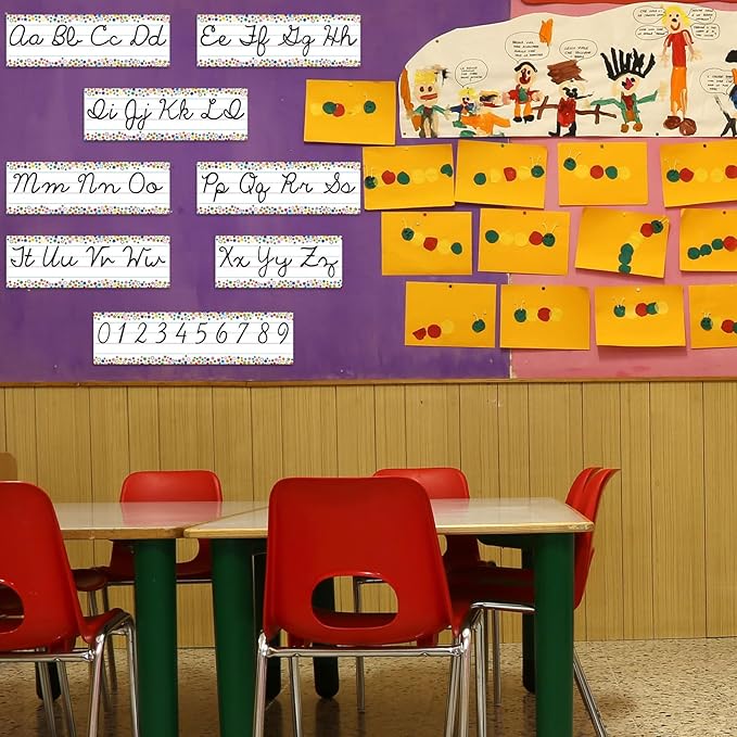 Set of 9 Confetti Cursive Writing Bulletin Board Colorful Cursive Alphabet Wall Strip for Teacher Supplies, Classroom Teaching Tool, Homeschooling, Kids Education