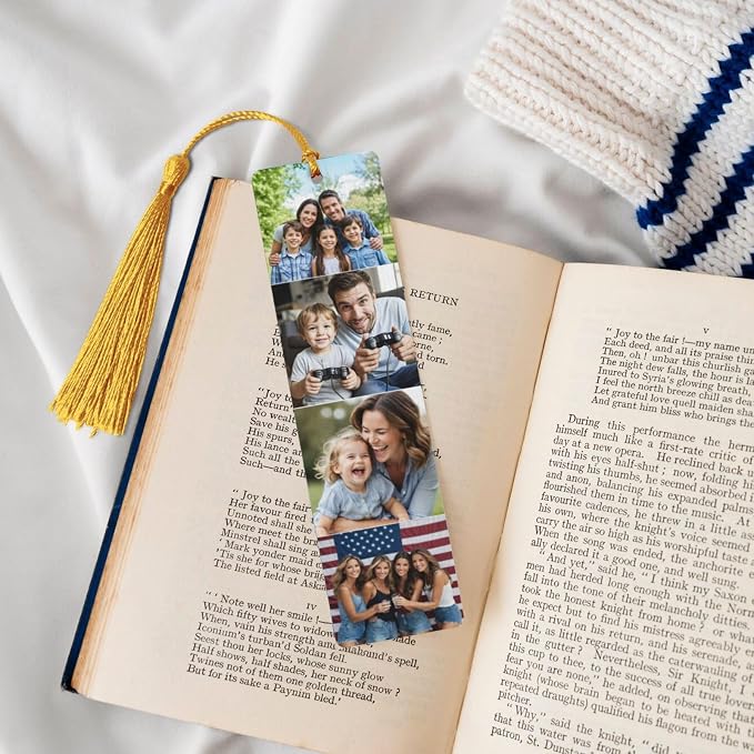 Custom Double-Sided Printed Wooden Bookmarks with 4 Photos & Text, Personalized Design Add Your Own Text/Photo/Logo, Diary Accessories Birthday Presents for Men Women Presents for Book Lovers