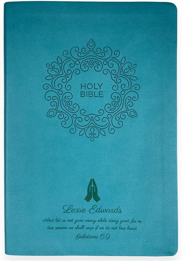 Personalized Custom NKJV Thinline Large Print Holy Bible with Name Includes Up To 3 Rows Of Text with Red-Highlighted Verses, Custom Gift for Christian & Religious Celebrations | Blue