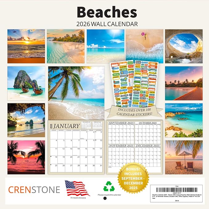 Tropical Beaches Calendar 2026 - Sandy Beaches 2026 Wall Calendar, Includes 100+ Reminder Stickers | 12" x 24" Open | Giftable | Made in The USA