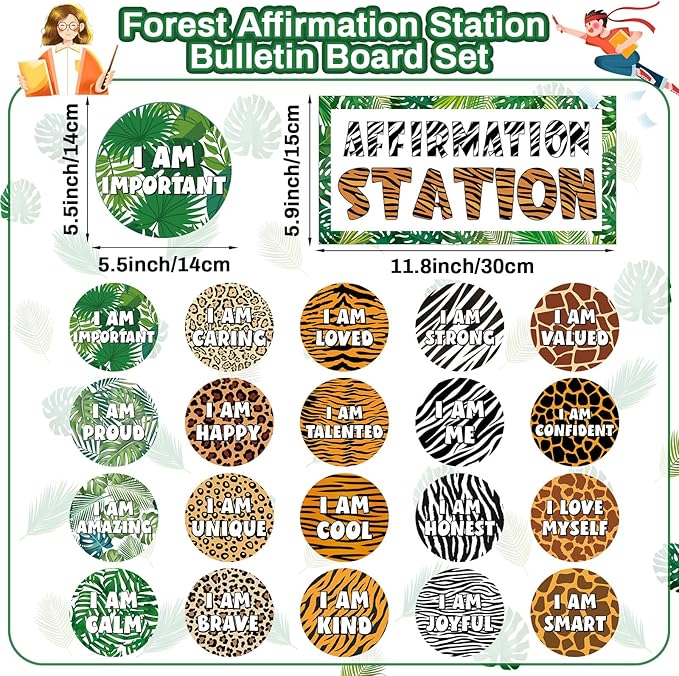 Jungle Animals Affirmation Station Bulletin Board Set Safari Forest Positive Bulletin Board for Classroom Growth Mindset Decor Inspirational Motivational Accent Cutouts for Home School Teachers Supply