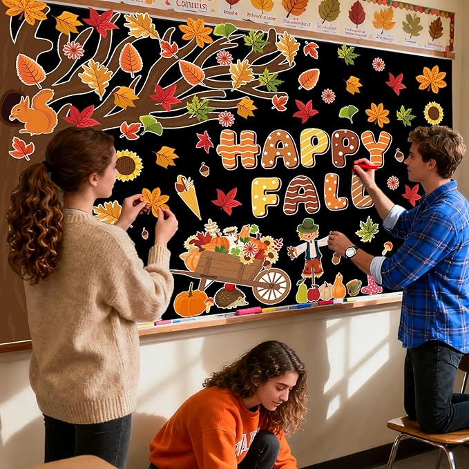 109Pcs Happy Fall Bulletin Board Decorations Set Autumn Thanksgiving Fall Tree Maple Pumpkin Leaf Scarecrow Cutouts with Glue Points for Home School Chalkboard Wall Decor