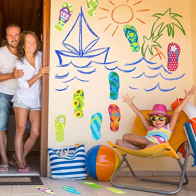 Tenare 60 Pieces Flip-Flop Accents Colorful Flip-Flop Cutouts Summer Bulletin Board Wall Decor Hawaiian Party Cutouts with Glue Point Dots for Classroom Party Decor