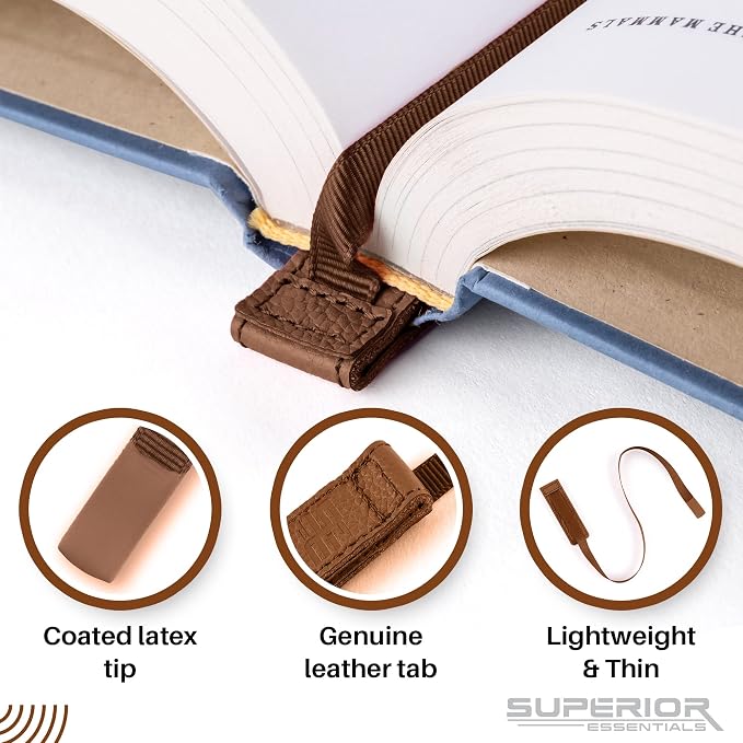 Superior Essentials Magnetic Bookmark-Genuine Leather, Single Long Ribbon Bible Bookmark for Book Lovers-Amplify Your Love for Books with Our Elegant Ribbon Page Marker (Coffee Brown, 3PC)