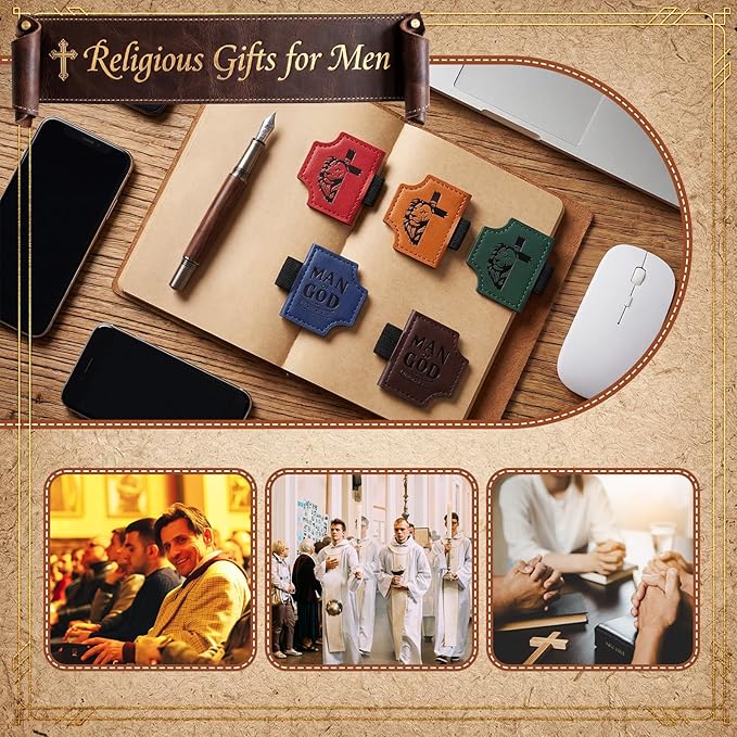 Epakh 10 Pcs Bulk Fathers Day Christian Gifts for Men Church Religious Man of God Leather Magnetic Bookmarks Pen Holder Religious Bible Verse Magnetic Bookmark Gifts for Men Book Lovers (Novel)