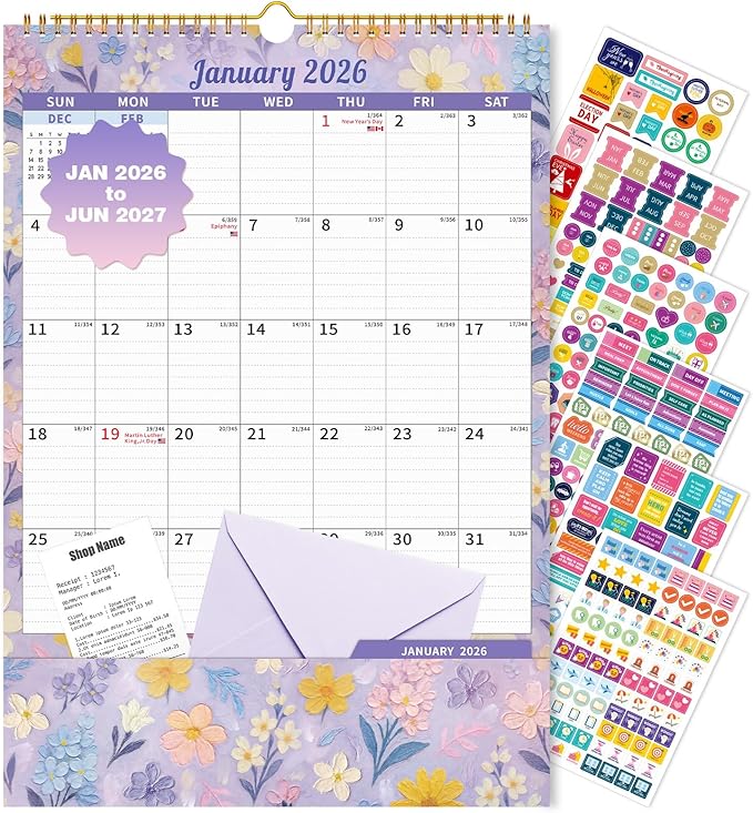 Ospelelf Wall Calendar 2026-2027 with Storage Pocket, 17" X 12" Monthly Large Planner Pad with Protective Cover and Stickers, for Family Fridge Office Teacher Student, January 2026 to June 2027 Artistic Floral