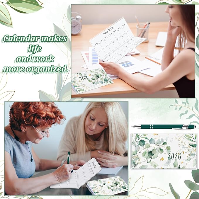 Gueevin 2026 Pocket Calendar for Purse with Pen Small Pocket Planner Handy Weekly Monthly Planner Journal Writing Notebook Valentine New Year Gift Sister Friend Women(Eucalyptus,Dark Green)