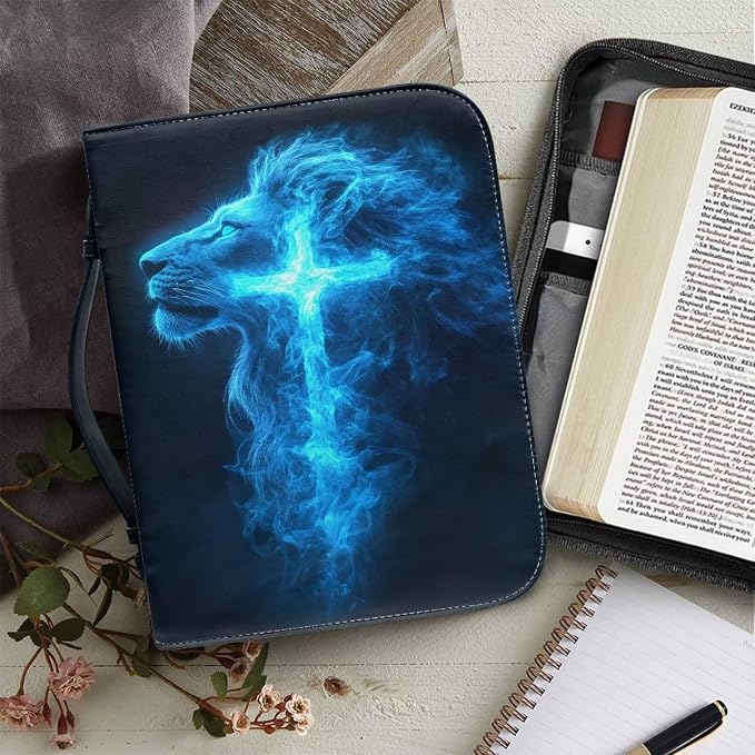 Bible Covers for Women Blue Lion Cross Waterproof Bible Holder Case for Man Portable Bible Protector PU Leather Bible Organizer Bag Large Size