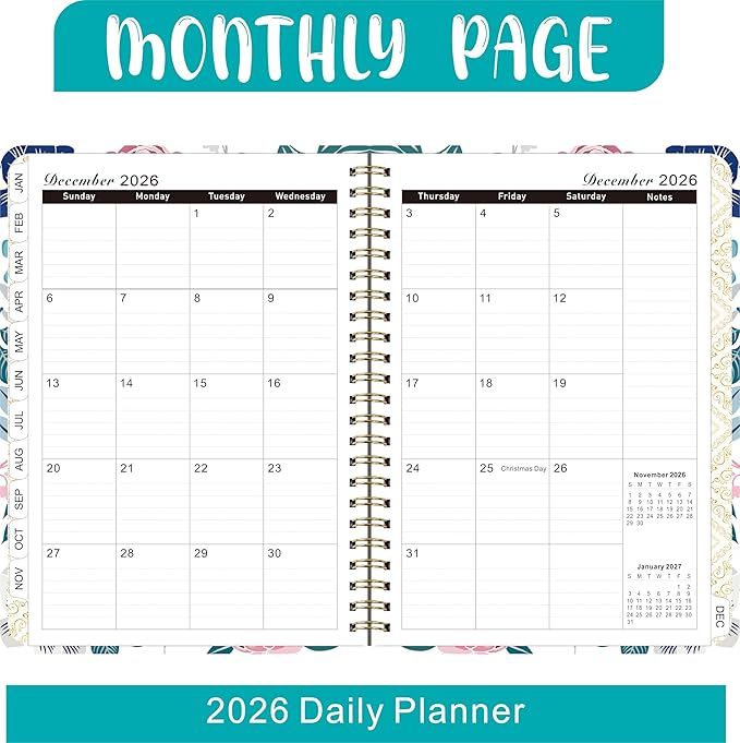 2026 Weekly and Monthly Planner, Medium 6.2 x 8.5 Inch, Hardcover with Floral Design, Jan-Dec Calendar, Spiral-Bound with Monthly Tabs, 100 GSM Paper (yellow flower) (rose pink flower)