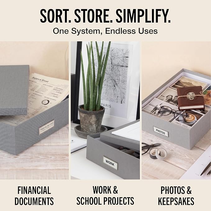 Bigso Oskar Fiberboard Label Frame Document Letter Box - File Organizer Box for Important Paperwork - Document Storage with a Lid & Metal Label Window - 3.3 in x 10.2 in x 13.8 in - Grey