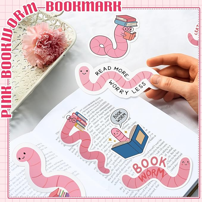 Ctosree 100 Pcs Pink Worm Bookmarks Bulk Cute Glitter Gummy Holographic Book Worm Bookmark for Book Lovers Bookworm Fun Readers Adults Teacher Funny Gift Bookish Party Favors