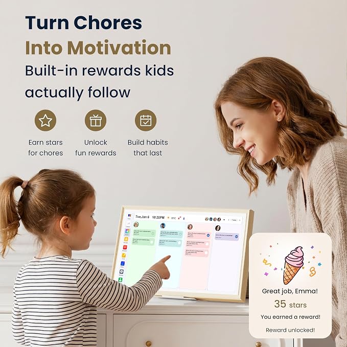 15.6-Inch Smart Digital Calendar & Photo Frame for Family, Wall Planner with Light Wood Frame, Auto-Sync to Apple, Google & Outlook, Touchscreen Display with Chore Chart, To-Do Lists & Meal Planner, No Subscription