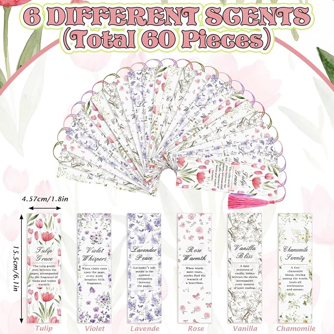 Sinmoe 60 Pcs Scented Bookmarks for Women Book Lovers Scratch and Sniff Rose Flower Bookmarks with Tassels Smelly Craft Reading Gifts for Reading Gifts Tags Readers Teacher Writer 1.8 x 6.1 Inch