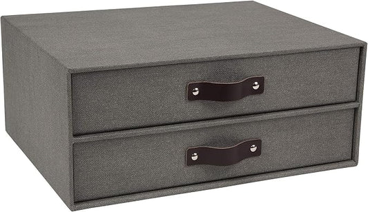 Bigso Birger 2-Drawer Canvas Fiberboard Easy Pull Handle Document Letter Box | Desktop Drawers for Loose Papers and Documents | Desktop Storage Drawers with Leather Handles | 13.1” x 10” x 5.7” | Grey
