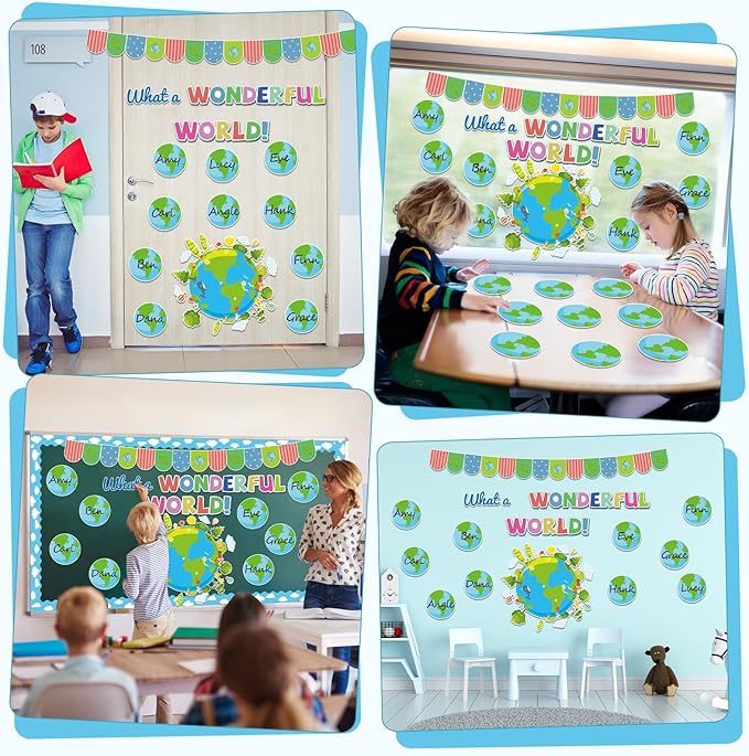 Earth Bulletin Board Set What A Wonderful World Classroom Bulletin Board Decorations Earth Name Tag Cutouts Classroom Decorations for Back to School Teachers Office Chalkboard Decor Wall Door Supplies