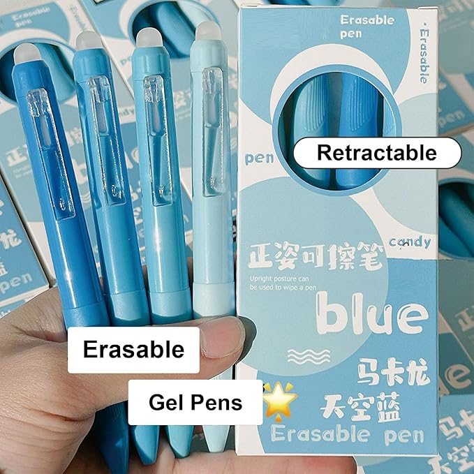 MOZXIRZ 4 Pcs Cute Erasable Gel Pens Erasable Retractable Gel Pens 0.5mm Black Ink Pen Aesthetic Pen for Women Girls Boys Men Office School Supplies (Blue-Black Ink)