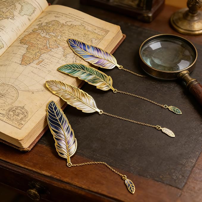 4Pcs Fantasy Feather Bookmarks for Books, Metal Bookmark with Chain, Unique Reading Accessories for Women Book Lovers, Teachers, Students