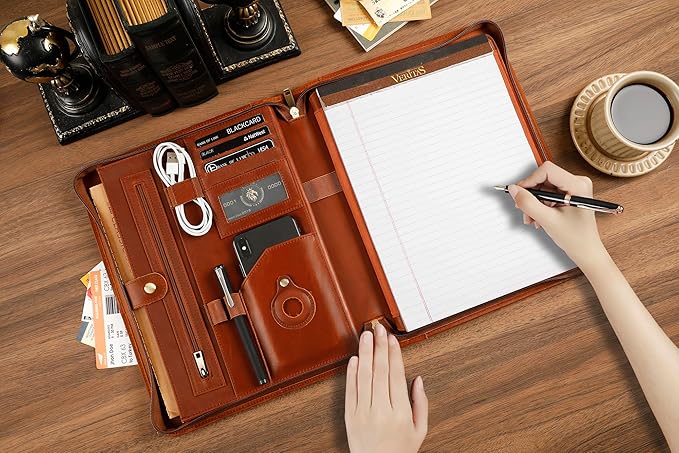 Leather Portfolio for 13-in iPad Pro M4/M5 & 13-in iPad Air M2/M3, Leather Padtfolio with ipad Holder for Letter Size Notepad, Personalized Padfolio for Men - Brown