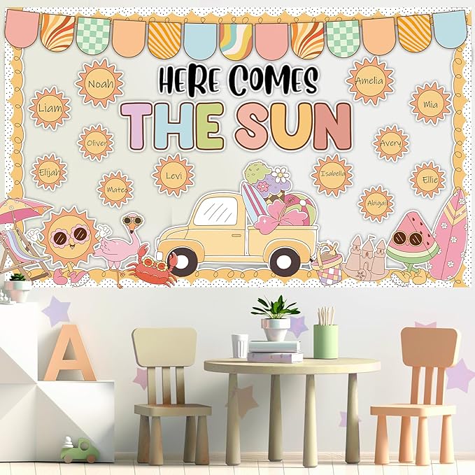 Retro Sun Motivational Bulletin Board Decor Summer Sunshine Bulletin Board Decoration Sunshine Groovy Hippie Paper Cutouts Sun Shine Beach Blackboard for School Classroom Summer Theme Party Supplies