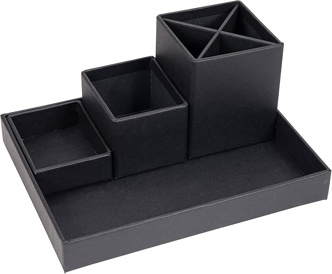 BIGSO LENA Desk Organiser for Pens, Paper Clips, Sticky Notes etc. - Sorting Box with 4 Compartments - Fibreboard and Paper Organiser System in Linen Look - Black