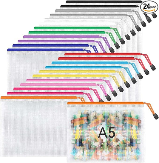 Umriox 24 Pack 12 Colors Small Zipper Pouch, 9.5" x 7.1"/A5 Size Mesh Bags with Zipper, mesh Bags for Puzzles Board Games and Office Supplies Travel Accessories