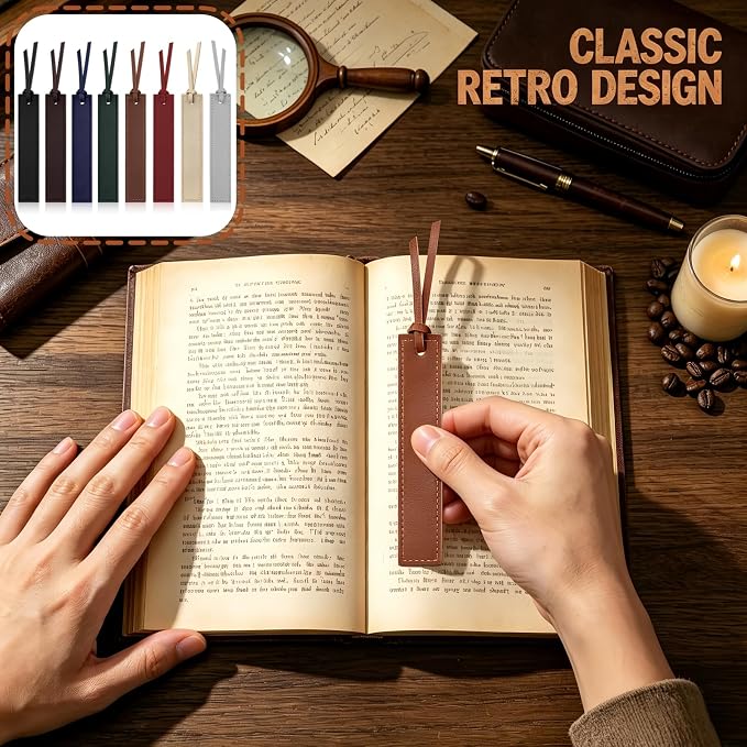 8 Pcs Double-Sided Leather Bookmarks with Tassel, Handmade Stitched Book Marks for Reading, Thin Classic Page Markers, Gifts for Book Lovers, Teachers, Students, Men Women Readers