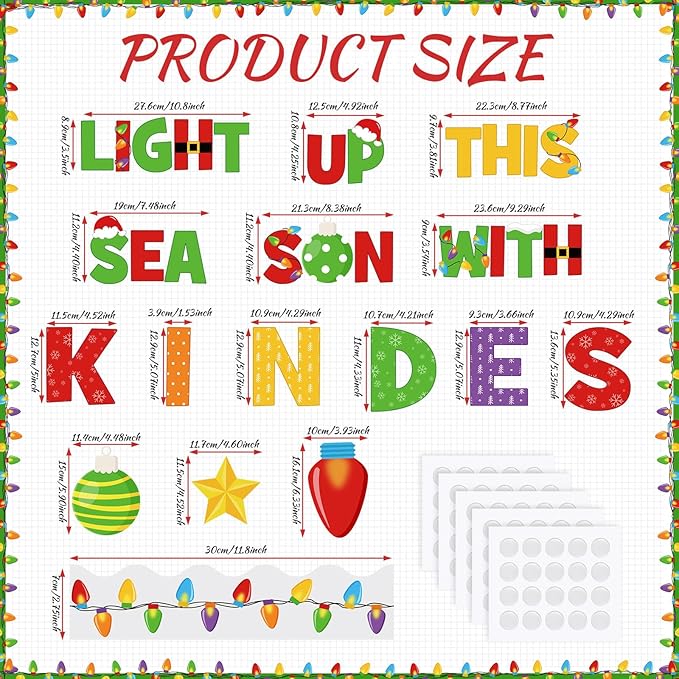 86 Pcs Christmas Bulletin Board Decorations with Light Bulb Borders Xmas Kindness Bulletin Board Set Xmas Winter Colorful Light Bulb Cutouts for Classroom Decoration School Home Holiday