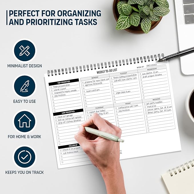 Weekly Planner To Do List Pad - 8.5x11" 52 Sheets Spiral - Desk Notepad with Multiple Sections - Undated Planning Notebook Checklist, Todo Agenda Plan