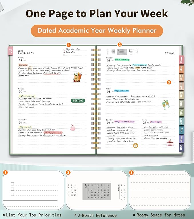 Academic Planner 2026-2027, Weekly and Monthly Calendar Planner from July 2026 - June 2027, 6.1" x 8.2" A5 Large Daily Agenda Book with Tabs, Flexible Cover, College School Organizer for Student Teacher,Green