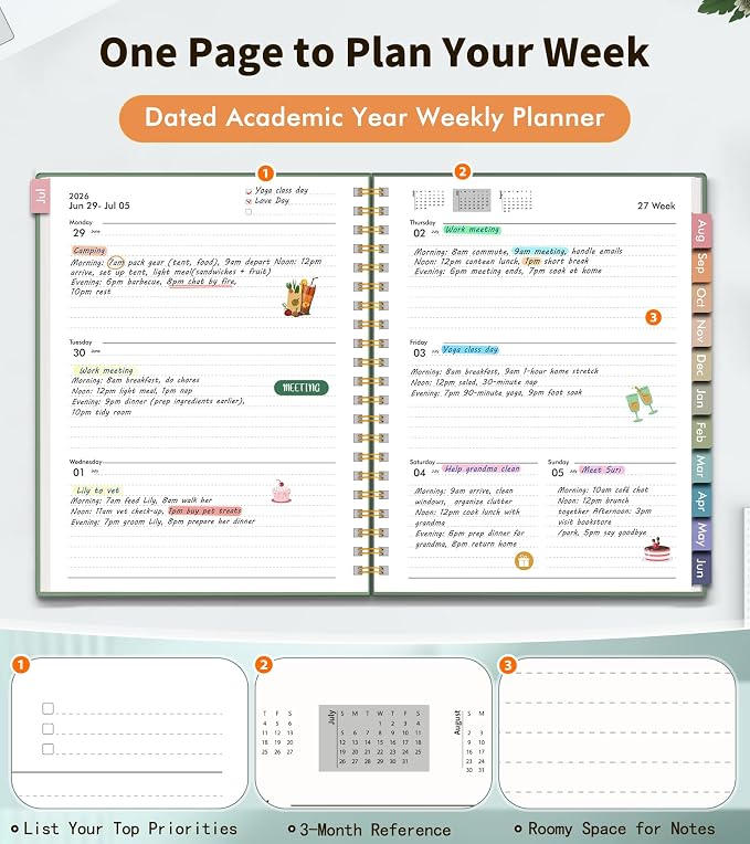 Academic Planner 2026-2027, Weekly and Monthly Calendar Planner from July 2026 - June 2027, 8.5" x 11" A4 Large Daily Agenda Book with Tabs, Flexible Cover, College School Organizer for Student Teacher,Green