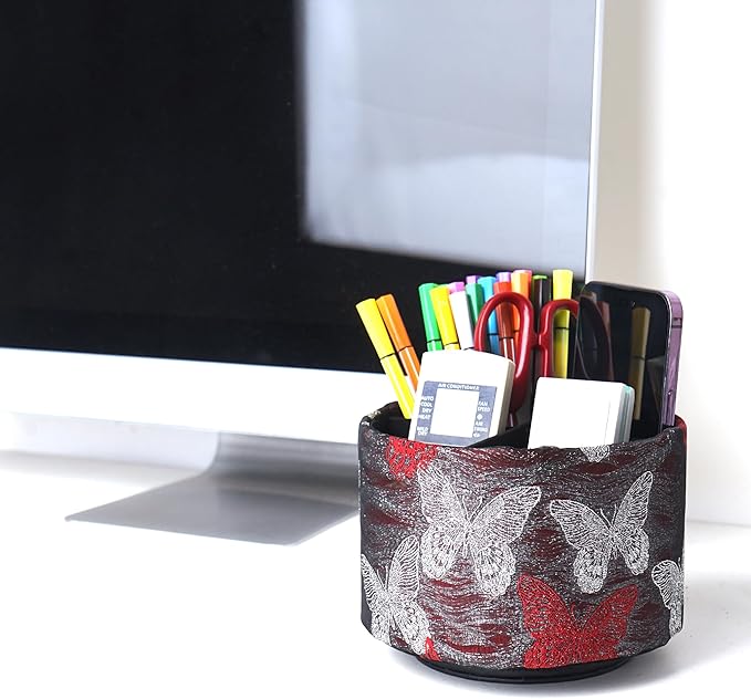 Round Leather Art Supply Organizer,Remote Control Holder,360-degree Rotating Pen Organizer with 4 Compartments(1-Butterfly Red)